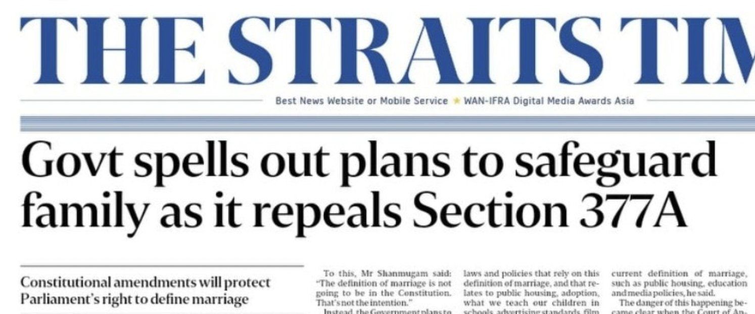 A screencap of The Straits Times' news headline saying "Govt spells out plans to safeguard family as it repeals Section 377A".